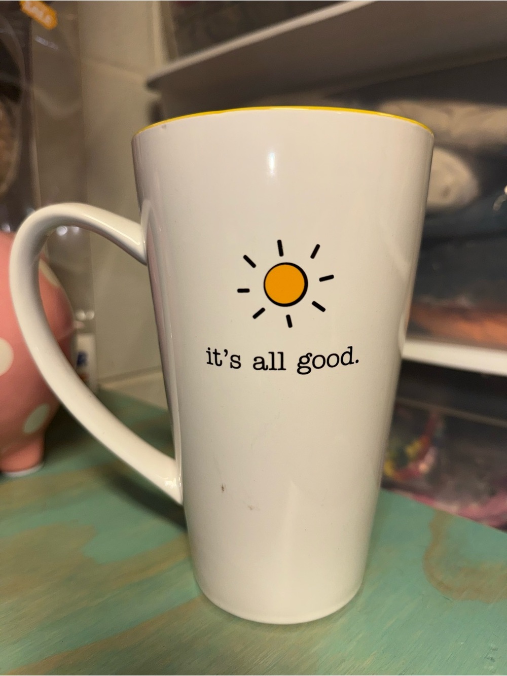 White Ceramic 'it's all good.' Motivational Coffee Mug with Yellow Accent
